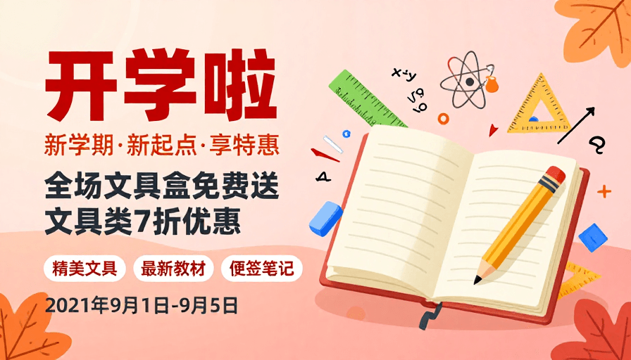 校园海报素材：开学特惠：文具免费送，校园新品享折扣