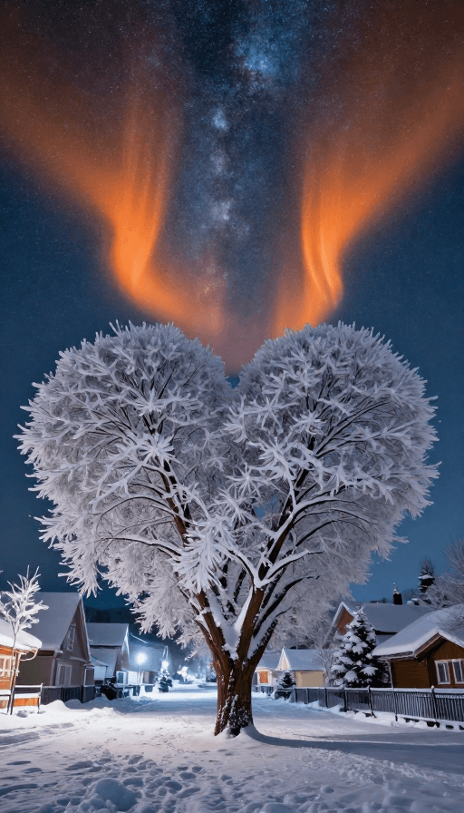 星空夜景素材：极光雪夜奇观：心形古树守护星河秘境
