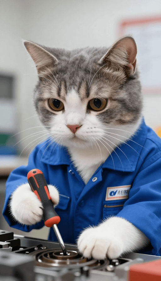 工厂场景素材：专注的打工猫：蓝色工装的猫咪螺丝钉精神