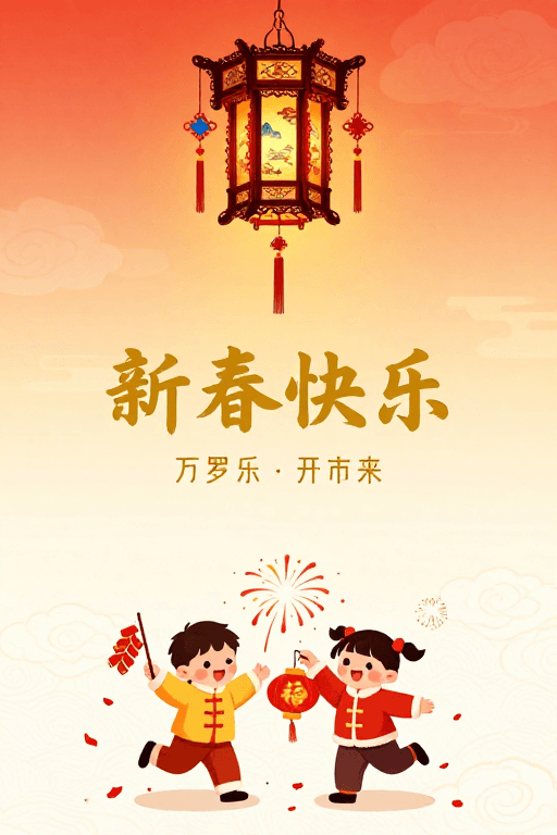 中式插画素材：新春喜庆：传统宫灯与童趣童年