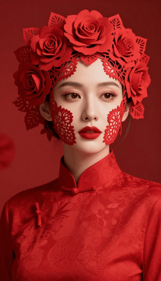 中国新年素材：中国新年剪纸艺术女性人像摄影
