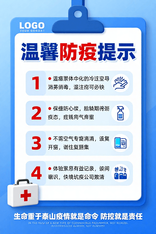 医疗健康素材：温馨防疫宣传蓝红配色健康警示