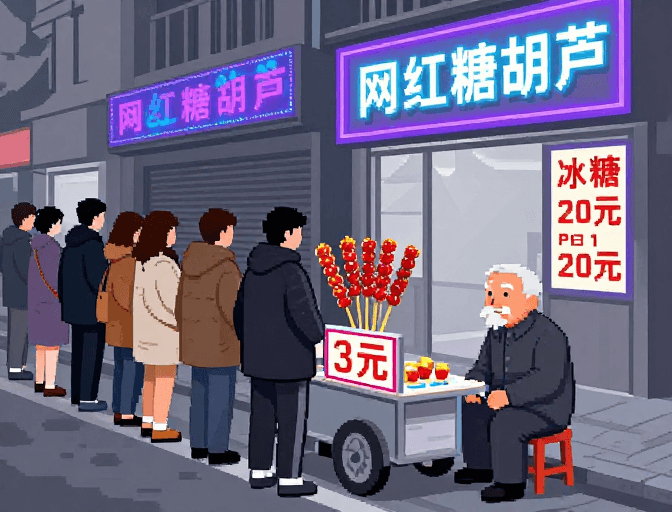 传统与现代素材：像素风插画：老街糖葫芦摊与网红店的冷暖对比