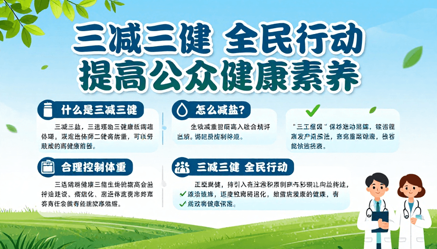 公益宣传素材：清新蓝绿风健康科普海报：全民三减三健行动