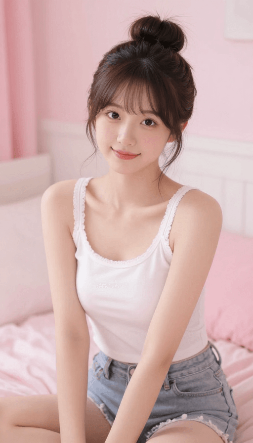 粉色调素材：日系清纯美女：粉色卧室中的丸子头写真