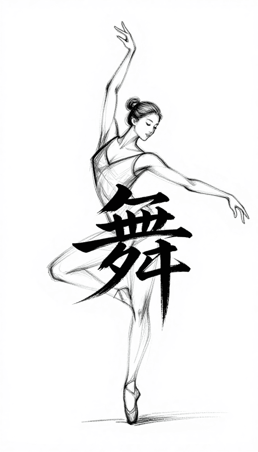 黑白线条素材：流线型素描‘舞’字女模商标设计