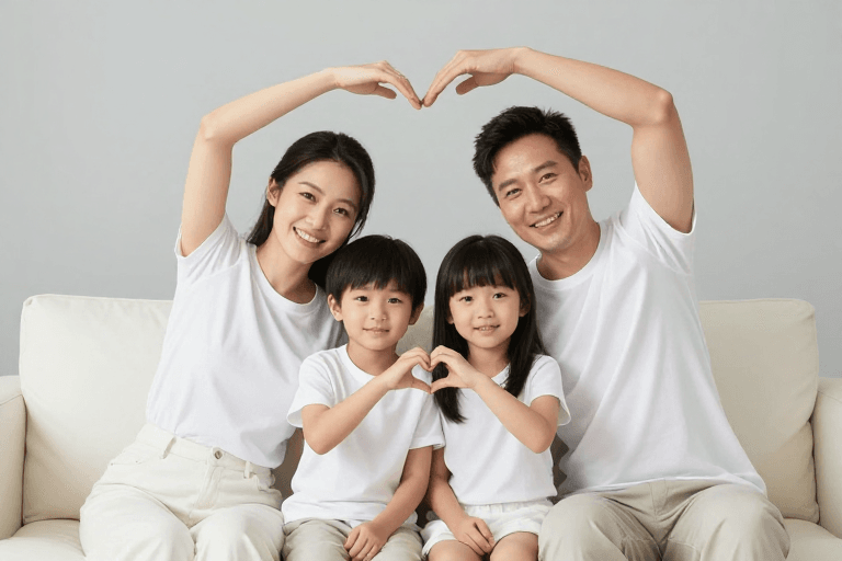 亲子互动素材：温馨家庭比心瞬间传递爱与幸福