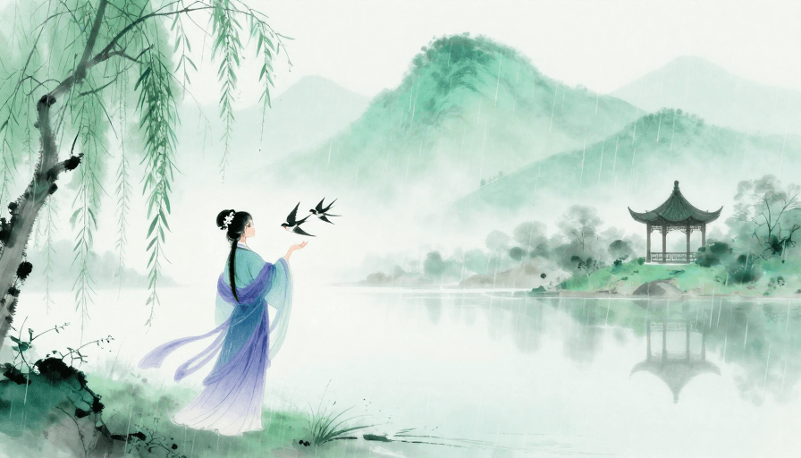 青绿色调素材：青绿晕染：水墨烟雨中的古风女子与飞燕