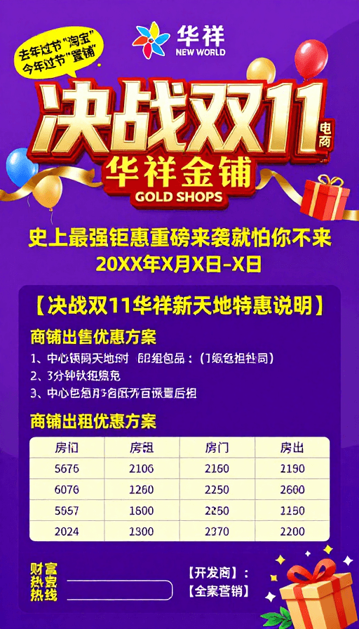 紫色渐变背景素材：决战双11华祥促销海报：金铺特惠盛宴