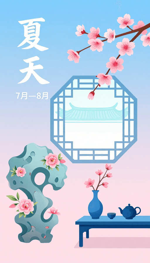茶具雅趣素材：新中式夏日雅韵：蓝粉渐变插画海报
