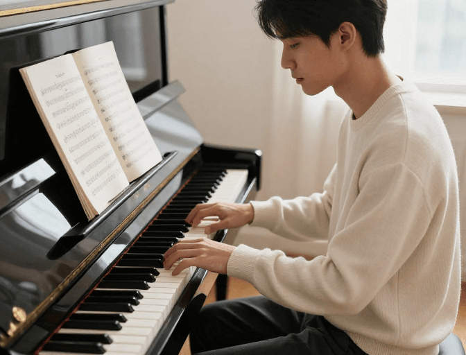 艺术摄影素材：专注琴音：青年男子侧身弹奏钢琴的高清艺术照