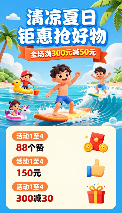 海滩度假素材：夏日狂欢！儿童冲浪潮玩+满减大促