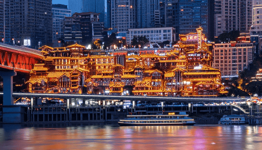 旅游宣传素材：重庆洪崖洞夜景：传统与现代交融的璀璨光影