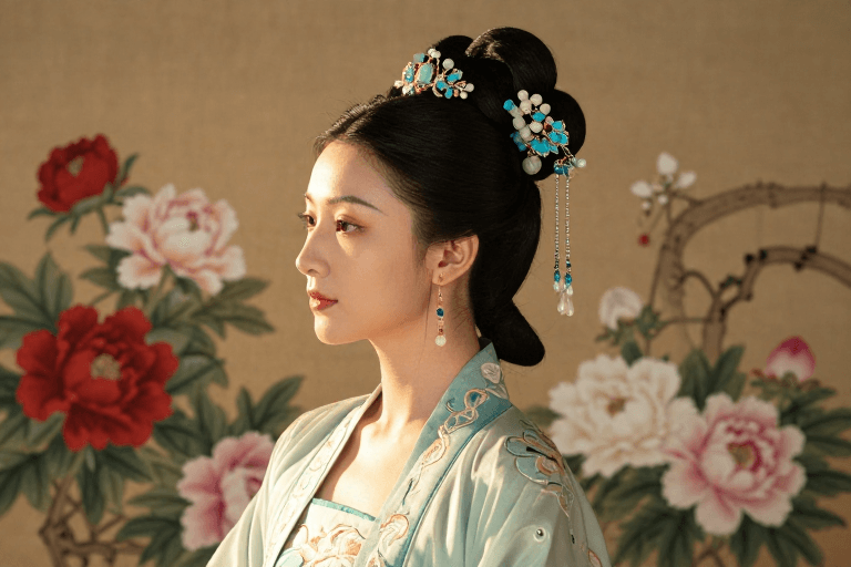 暖光摄影素材：青玉发簪映古韵：汉服女子侧影凝视