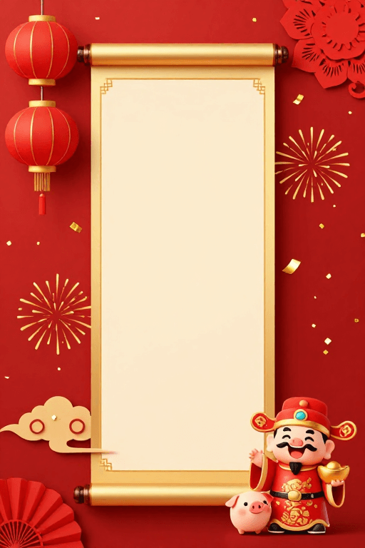 卡通财神素材：喜庆中国新年金色卷轴背景