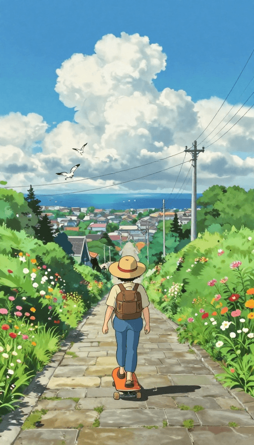 动漫插画素材：宫崎骏风夏日滑板之旅：清新治愈动漫风景