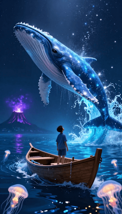 电影级光影素材：幽蓝幻境：少年仰望巨型蓝鲸的魔幻时刻