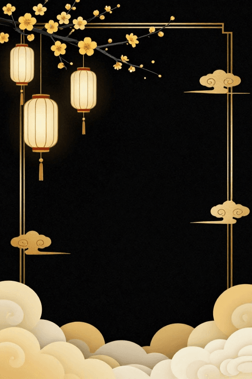 中式灯笼素材：新中式轻奢背景：梅枝灯笼点缀典雅设计