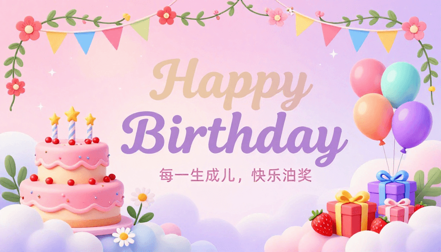 3D卡通风格素材：梦幻粉紫生日庆典插画海报