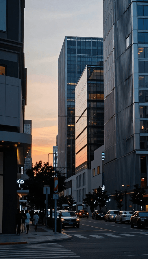 现代都市素材：冷调城市霓虹街景：超高清日落夜景