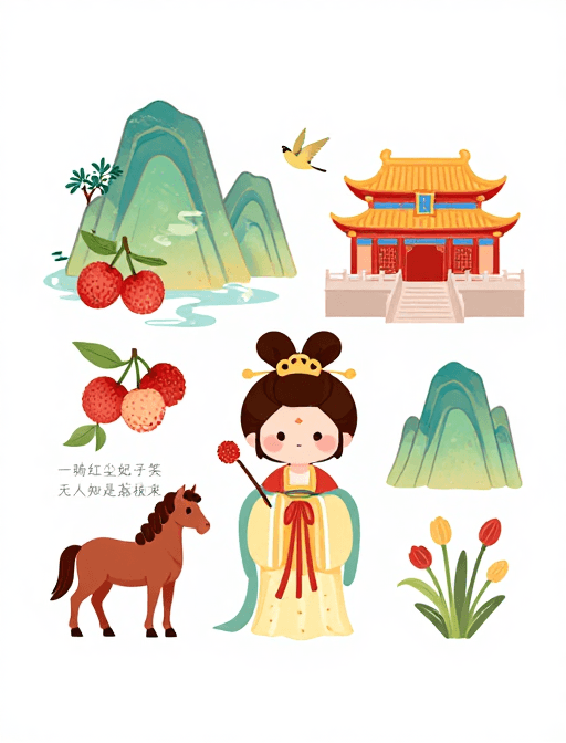 矢量设计素材：中国古风杨贵妃卡通插画：清新暖色矢量贴纸设计