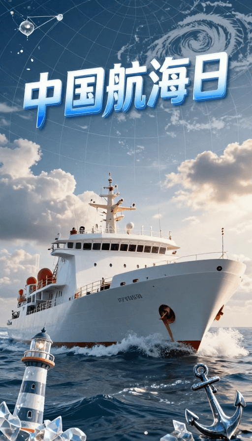 海上风光素材：乘风破浪·中国航海日现代科考船艺术海报
