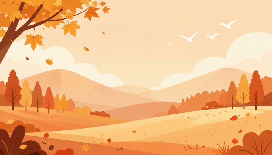 秋季风景素材：暖橙秋日治愈风景：扁平插画背景设计