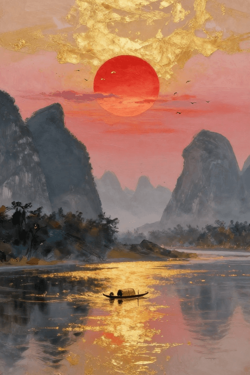 中国山水画素材：金箔岩彩：阳朔夕阳下的中国水墨意境