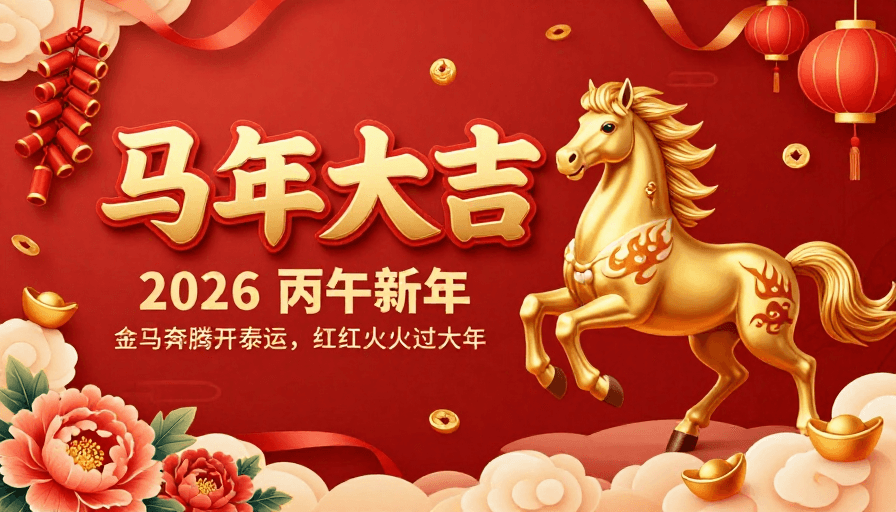 金色骏马素材：红色中国风新年海报：金色骏马奔腾迎吉运