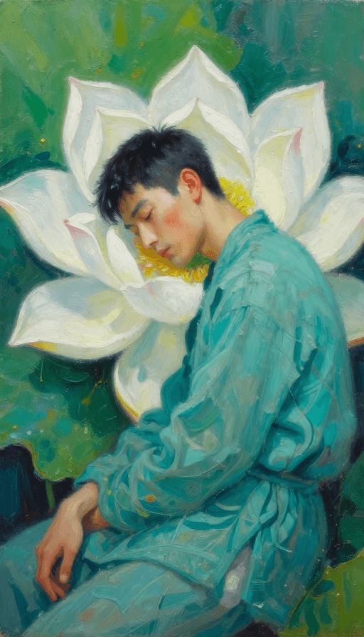 高饱和色彩素材：宁静厚涂：男子与白莲静憩的诗意油画