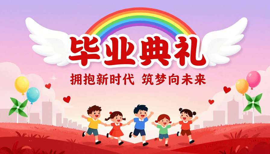 梦幻插画素材：梦幻温馨毕业照：童心飞扬拥抱未来
