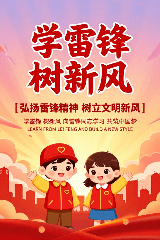 红色海报素材：雷锋风采：红色书法海报与卡通插画结合