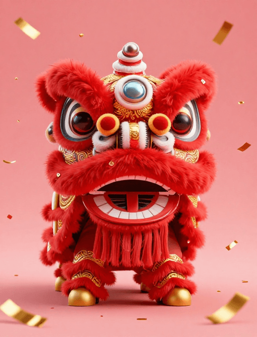 中国新年素材：3D中国新年：红色醒狮与金色彩纸的喜庆场景