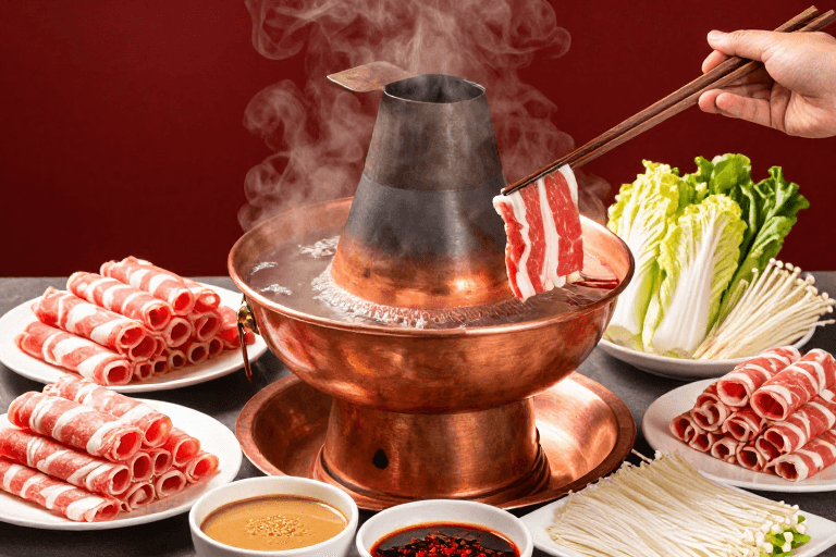 暖色调氛围素材：老北京铜锅涮羊肉沸腾特写，高清美食摄影广告