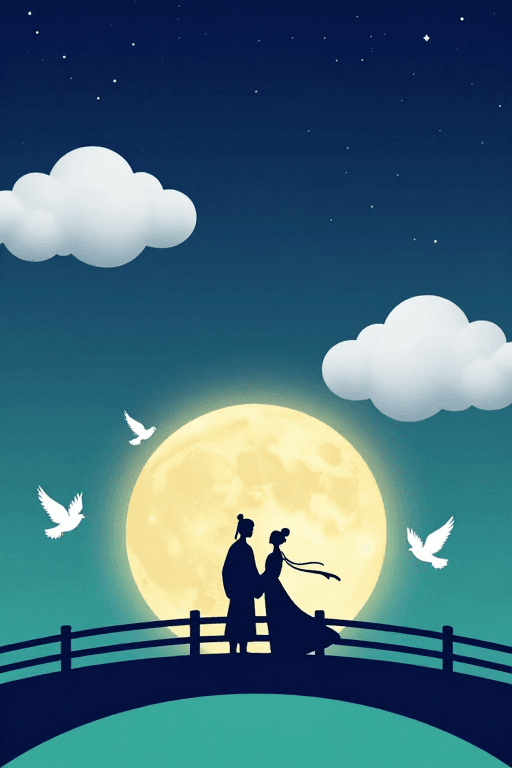 满月素材：浪漫夜空剪影：情侣与满月诗意插画