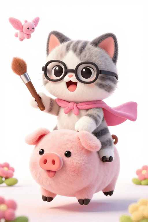 3D毛绒素材：萌趣3D小猫：粉红披风骑猪精灵伴