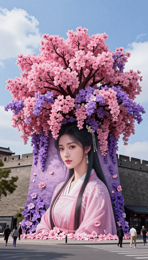 街头壁画素材：国风壁画：花树掩映下的汉服美人
