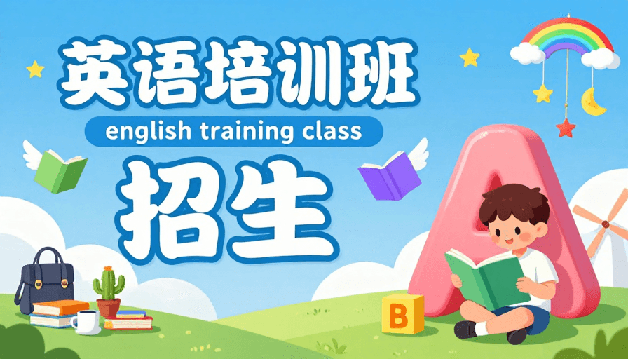 绿色草地素材：清新儿童英语培训班招生海报