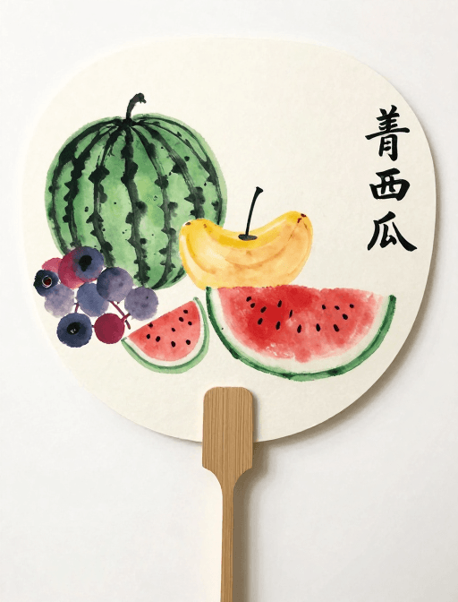 夏日水果素材：趣味水墨团扇：夏日水果大狂欢