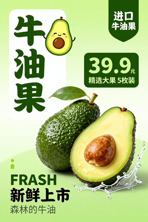 绿色系设计素材：绿色清新风牛油果进口促销海报