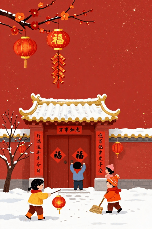 传统纹样素材：中国风新年插画：红梅金瓦喜庆门庭