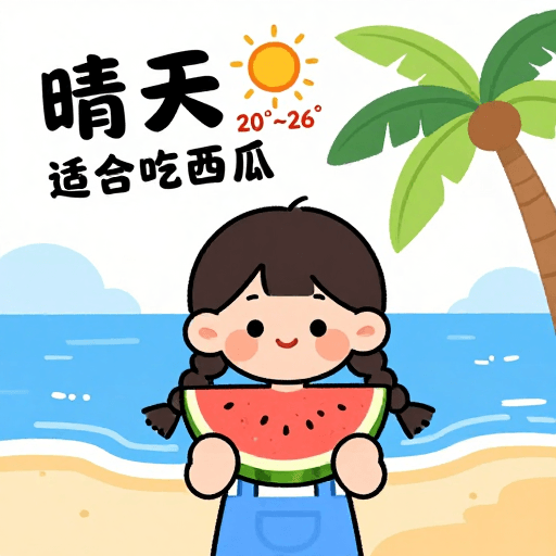 漫画风格素材：夏日漫画插画：海滩女孩与西瓜的清凉晴天