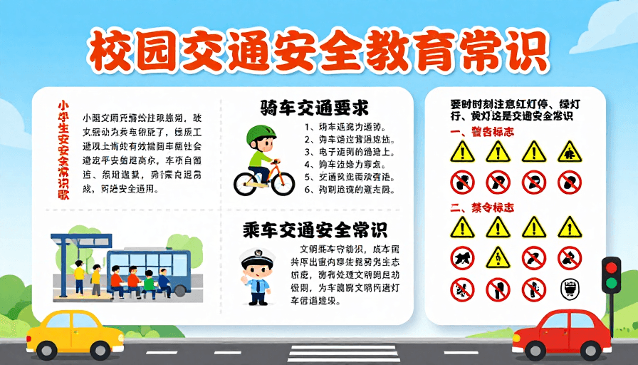 扁平化风格素材：校园交通安全教育海报：蓝白清新设计，儿童友好知识普及