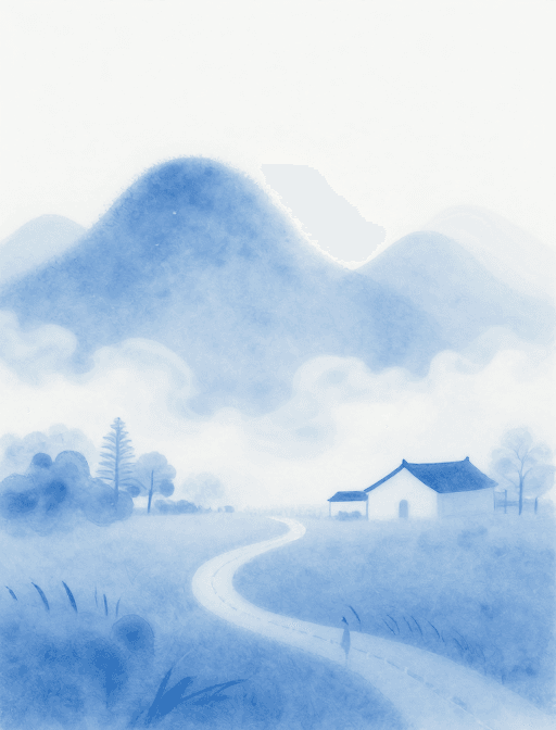 极简主义插画素材：静谧蓝调：极简线条下的治愈乡野风景