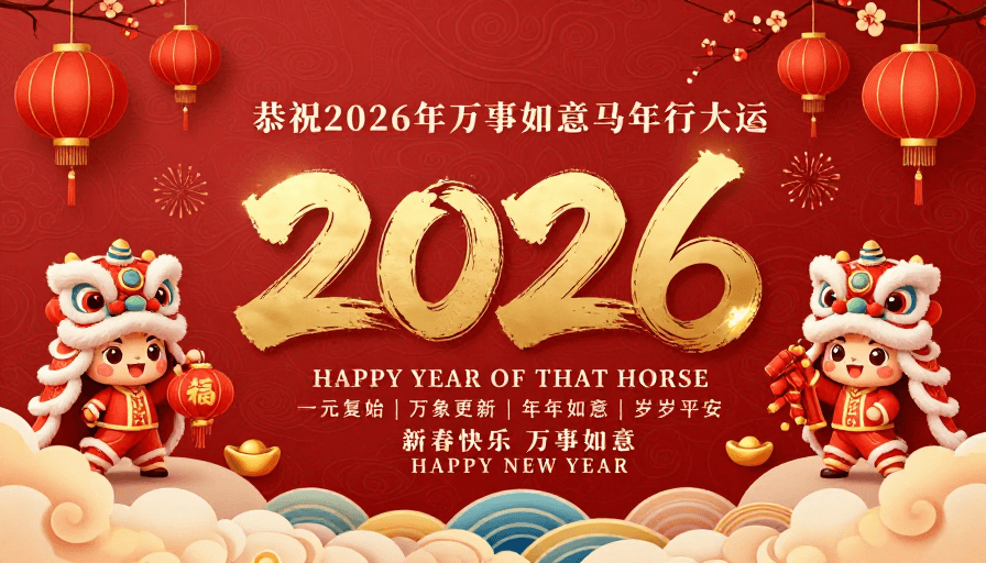 吉祥图案素材：2026马年吉祥海报：红金立体书法与舞狮插画