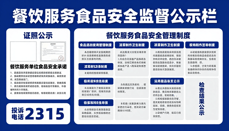 蓝色主调素材：餐饮服务食品安全监督公示栏 - 庄重政务风