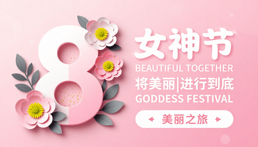 粉色渐变素材：清新优雅女神节海报，粉色渐变配立体纸艺装饰