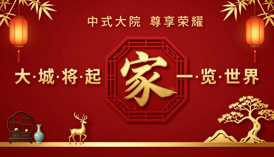 传统装饰素材：中式大院·尊贵荣耀：传统美学与现代生活融合的高端地产海报