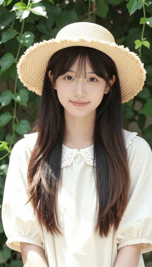高清画质素材：清新田园风：纯净少女与草帽的静谧瞬间