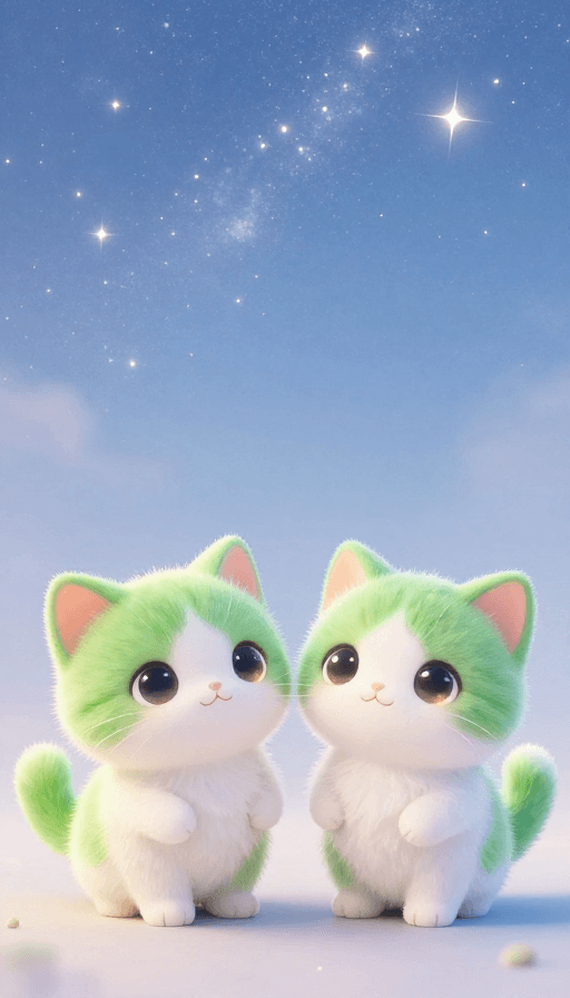 清新插画素材：治愈系萌猫：绿白小奶猫的温柔光芒